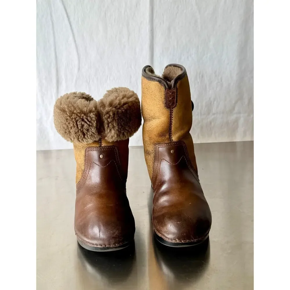 Dansko Brown Leather Shearling Foldable Cuff Clog Fur Boots EU 37/US 6.5-7